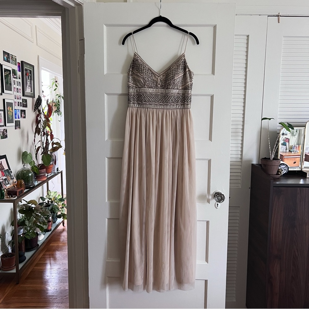 SOLD Adrianna Papell sand/beige/tan gown with sequined bodice - size 6, EUC